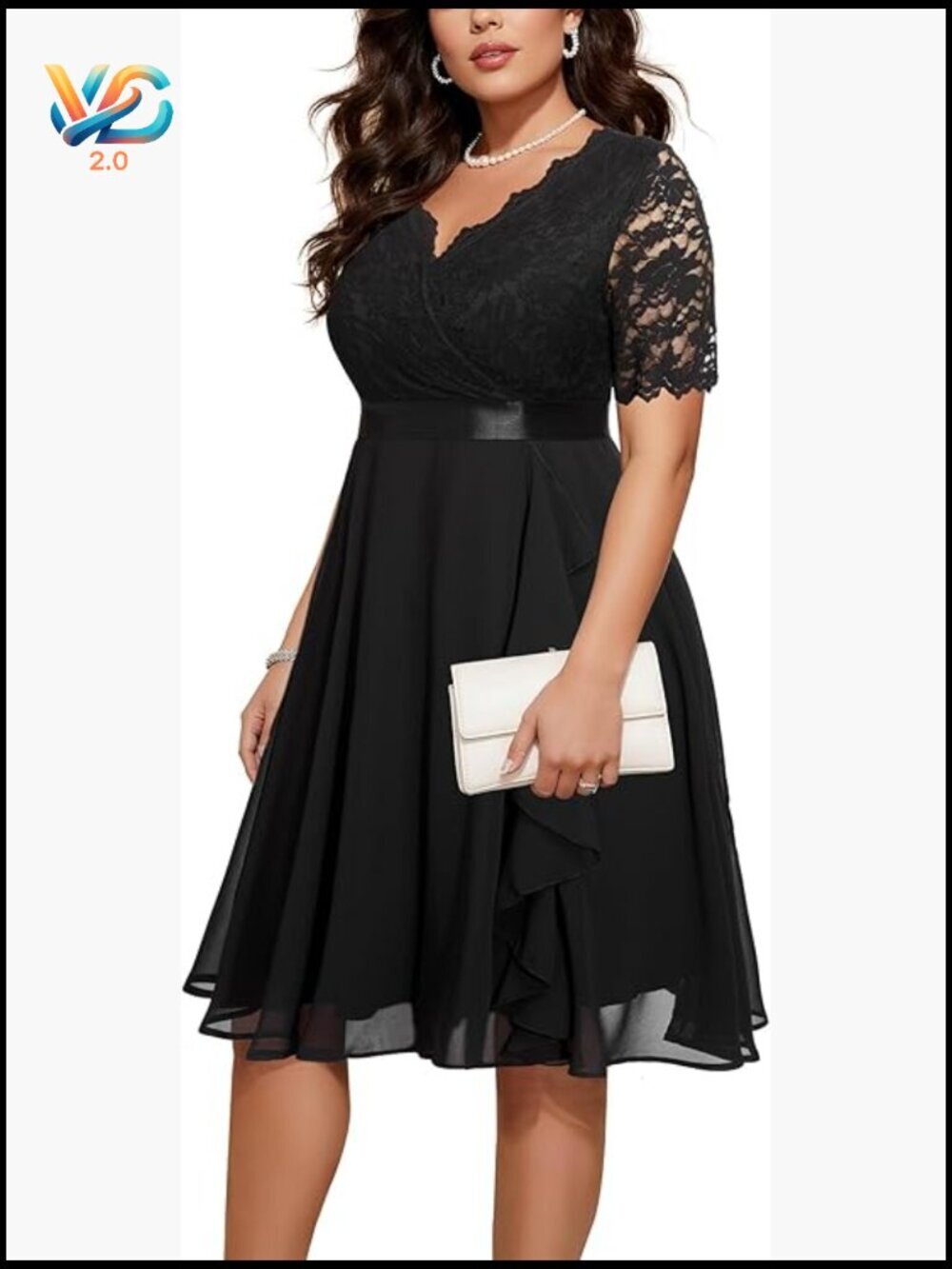 Plus Size Formal Lace Wedding Guest Dress Tea Length Midi Ruffled V-Neck